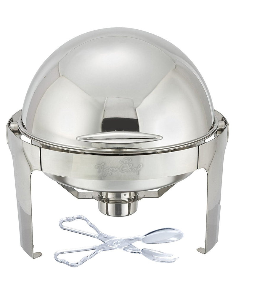 Tiger Chef Stainless Steel Round Roll Top Chafer, 6 Quart Chafing Dish Set with Plastic Salad Tong