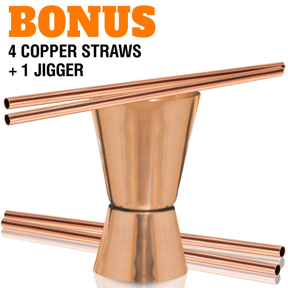 Moscow Mule tazas de cobre – Juego de 4 – 100% hecho a mano – apto para alimentos Pure de tazas de cobre sólido – juego de regalo de 16 oz con Bono: cóctel medidor pajitas y de cobre de alta calidad.