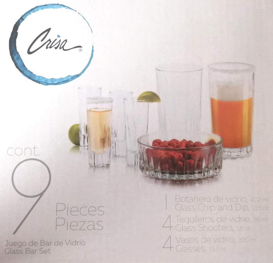 Juego de bar y botana de vidrio 9 piezas