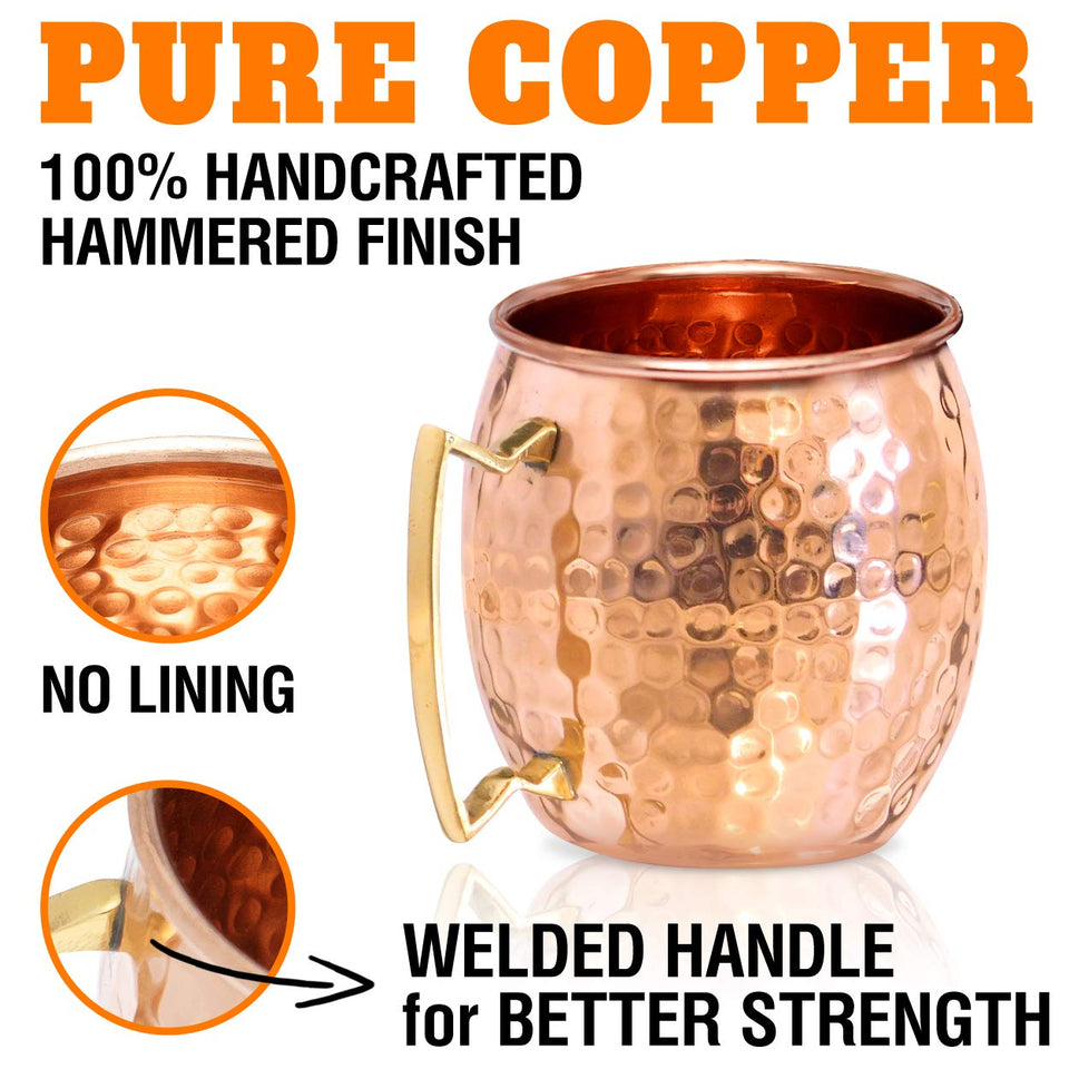 Moscow Mule tazas de cobre – Juego de 4 – 100% hecho a mano – apto para alimentos Pure de tazas de cobre sólido – juego de regalo de 16 oz con Bono: cóctel medidor pajitas y de cobre de alta calidad.