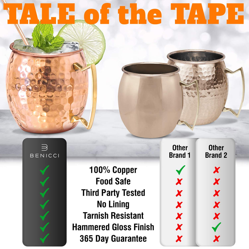 Moscow Mule tazas de cobre – Juego de 4 – 100% hecho a mano – apto para alimentos Pure de tazas de cobre sólido – juego de regalo de 16 oz con Bono: cóctel medidor pajitas y de cobre de alta calidad.