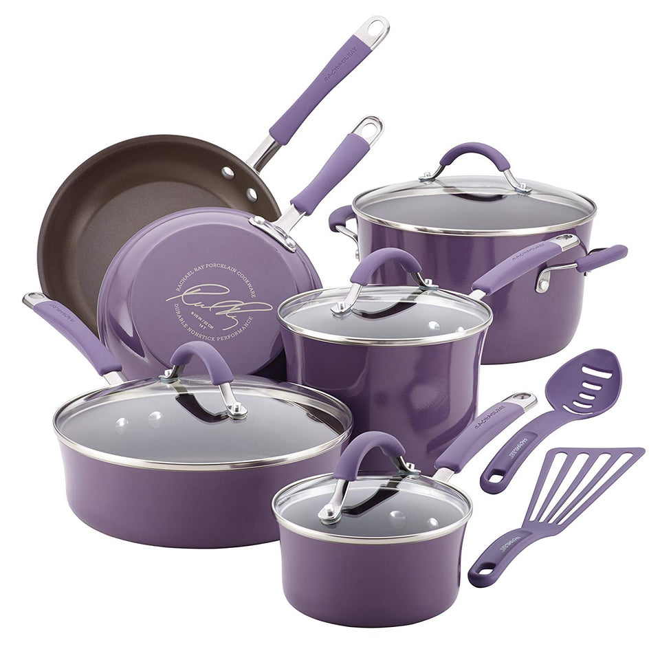 Rachael Ray Cucina Porcelana dura esmalte antiadherente utensilios de cocina Set, Anaranjado calabaza, 12-piece Cookware Set