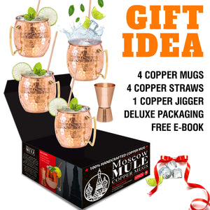Moscow Mule tazas de cobre – Juego de 4 – 100% hecho a mano – apto para alimentos Pure de tazas de cobre sólido – juego de regalo de 16 oz con Bono: cóctel medidor pajitas y de cobre de alta calidad.