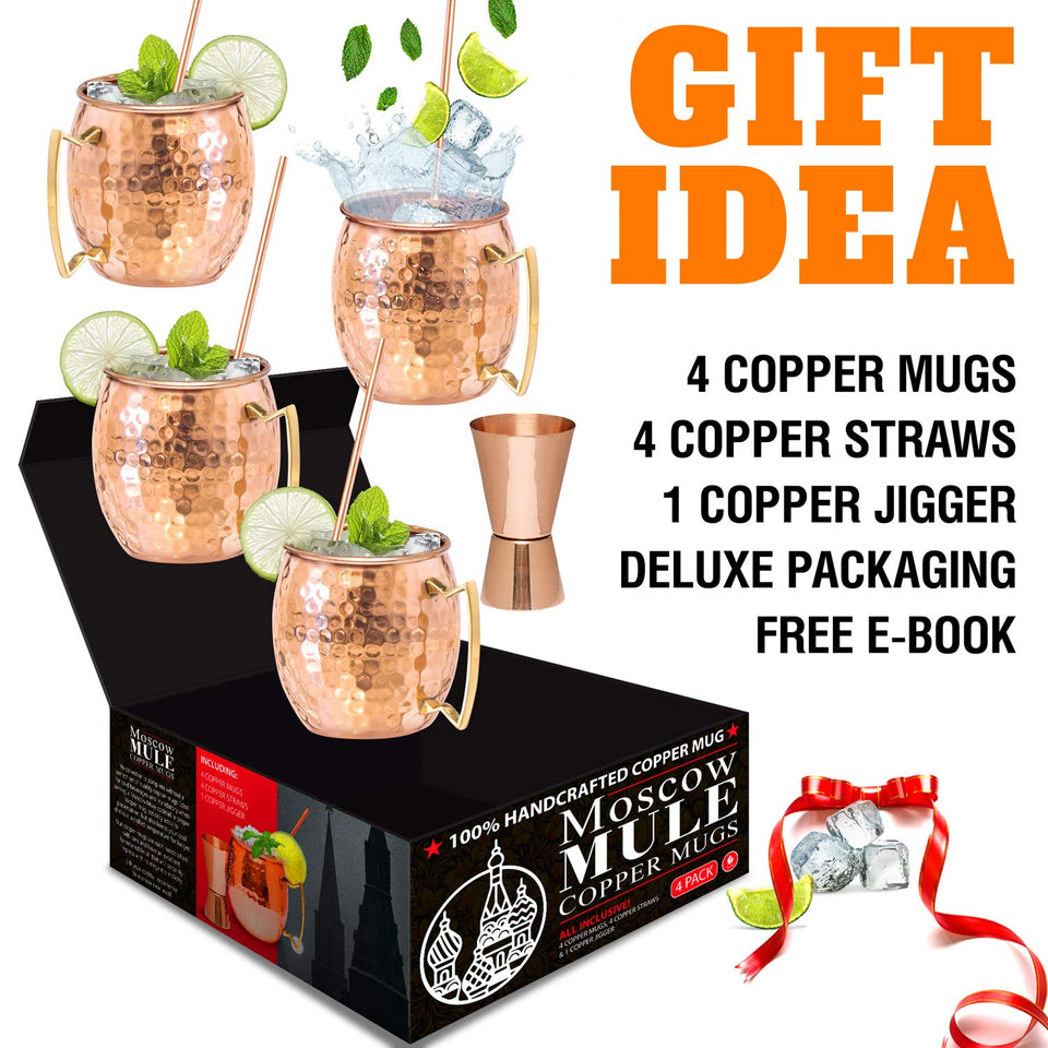 Moscow Mule tazas de cobre – Juego de 4 – 100% hecho a mano – apto para alimentos Pure de tazas de cobre sólido – juego de regalo de 16 oz con Bono: cóctel medidor pajitas y de cobre de alta calidad.