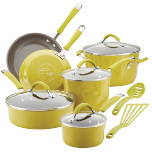 Rachael Ray Cucina Porcelana dura esmalte antiadherente utensilios de cocina Set, Anaranjado calabaza, 12-piece Cookware Set