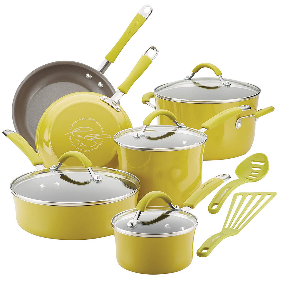 Rachael Ray Cucina Porcelana dura esmalte antiadherente utensilios de cocina Set, Anaranjado calabaza, 12-piece Cookware Set