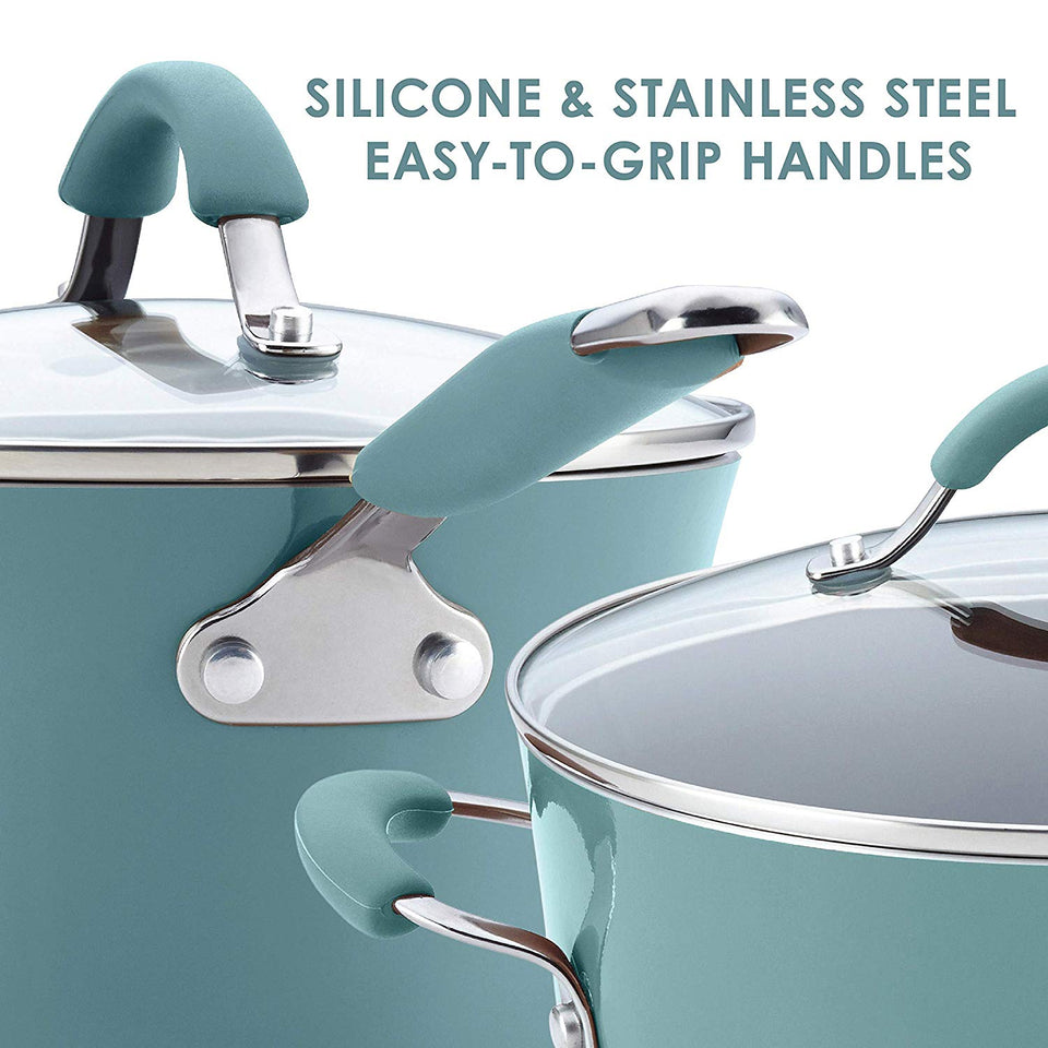 Rachael Ray Cucina Porcelana dura esmalte antiadherente utensilios de cocina Set, Anaranjado calabaza, 12-piece Cookware Set