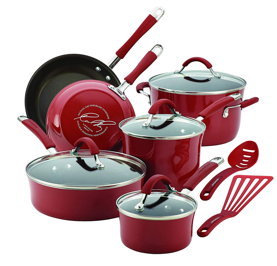 Rachael Ray Cucina Porcelana dura esmalte antiadherente utensilios de cocina Set, Anaranjado calabaza, 12-piece Cookware Set
