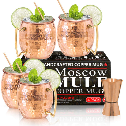 Moscow Mule tazas de cobre – Juego de 4 – 100% hecho a mano – apto para alimentos Pure de tazas de cobre sólido – juego de regalo de 16 oz con Bono: cóctel medidor pajitas y de cobre de alta calidad.