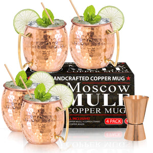 Moscow Mule tazas de cobre – Juego de 4 – 100% hecho a mano – apto para alimentos Pure de tazas de cobre sólido – juego de regalo de 16 oz con Bono: cóctel medidor pajitas y de cobre de alta calidad.