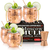 Moscow Mule tazas de cobre – Juego de 4 – 100% hecho a mano – apto para alimentos Pure de tazas de cobre sólido – juego de regalo de 16 oz con Bono: cóctel medidor pajitas y de cobre de alta calidad.
