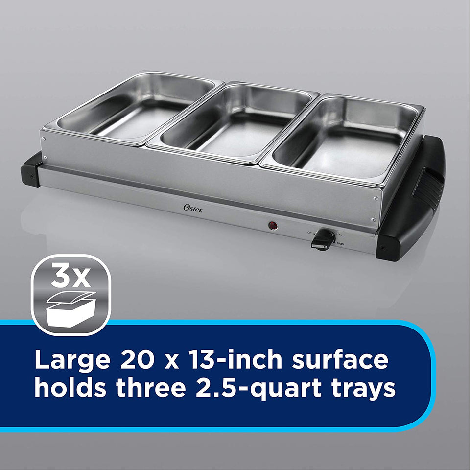 Oster Buffet Bandeja de calentamiento para servidor | Triple bandeja, 2.5 cuartos de galón, acero inoxidable