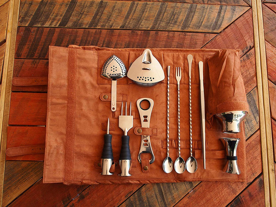 Uber Bar Tools Lux Roll Barmander's juego de piel sintético, color tostado