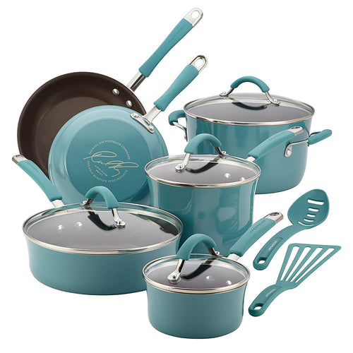 Rachael Ray Cucina Porcelana dura esmalte antiadherente utensilios de cocina Set, Anaranjado calabaza, 12-piece Cookware Set