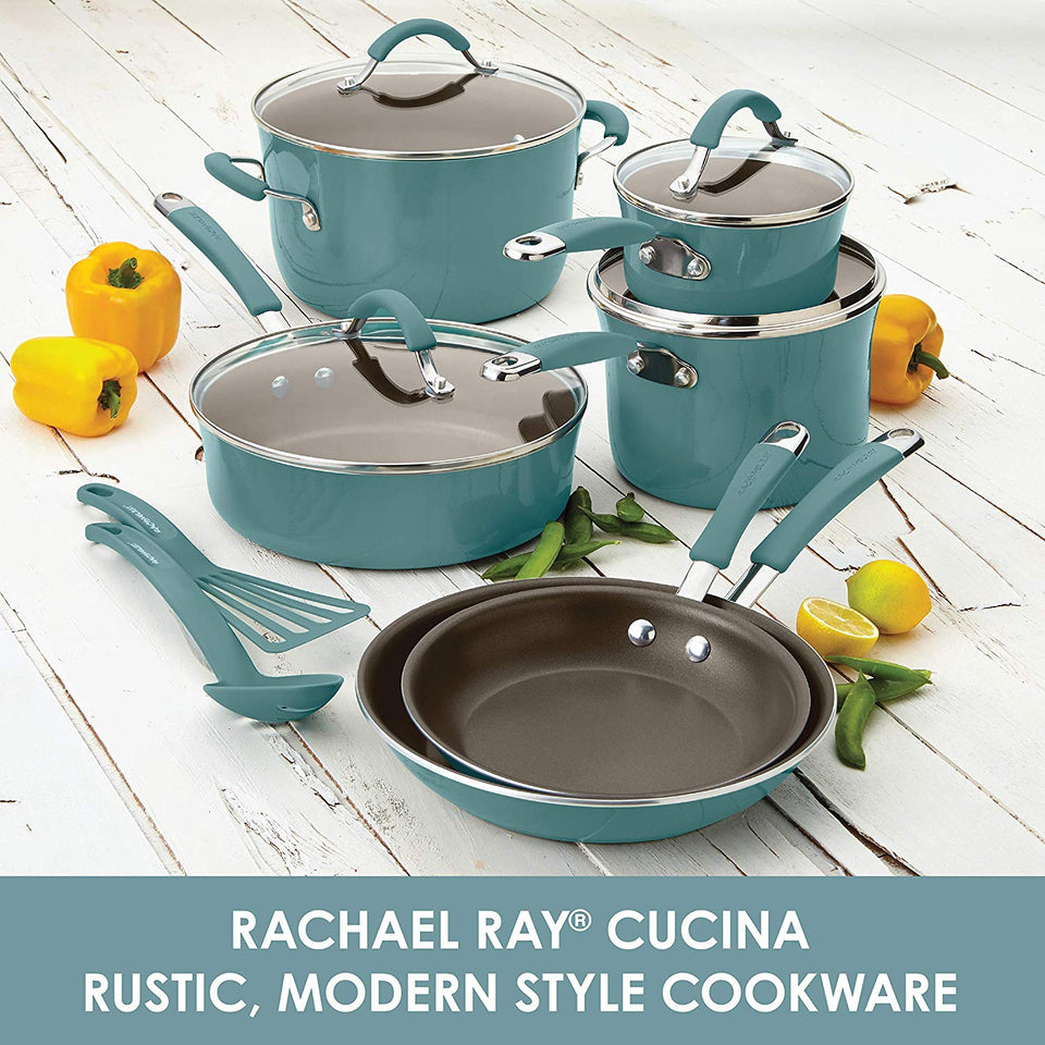 Rachael Ray Cucina Porcelana dura esmalte antiadherente utensilios de cocina Set, Anaranjado calabaza, 12-piece Cookware Set