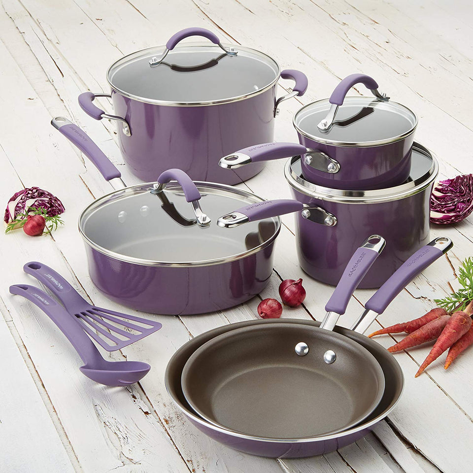 Rachael Ray Cucina Porcelana dura esmalte antiadherente utensilios de cocina Set, Anaranjado calabaza, 12-piece Cookware Set